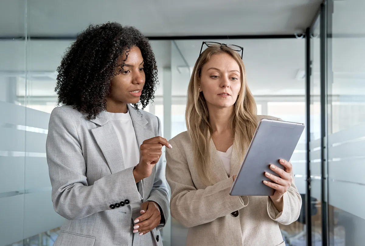 Smiling woman in professional discussion